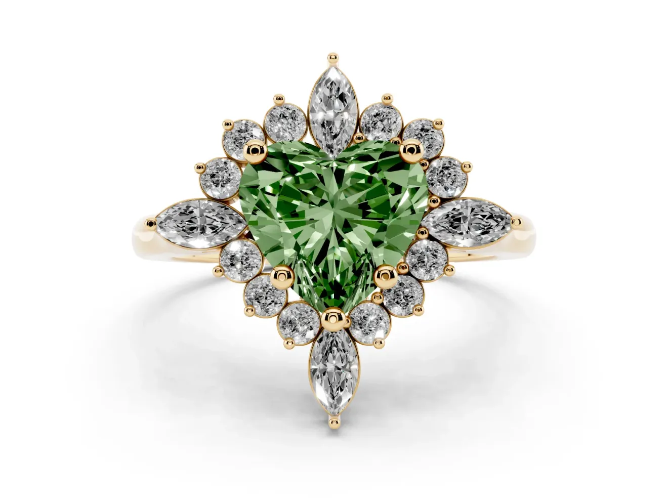 Fancy Green Heart Cut Diamond Cluster Halo Ring Set in Yellow gold with Marquise and Round Accents