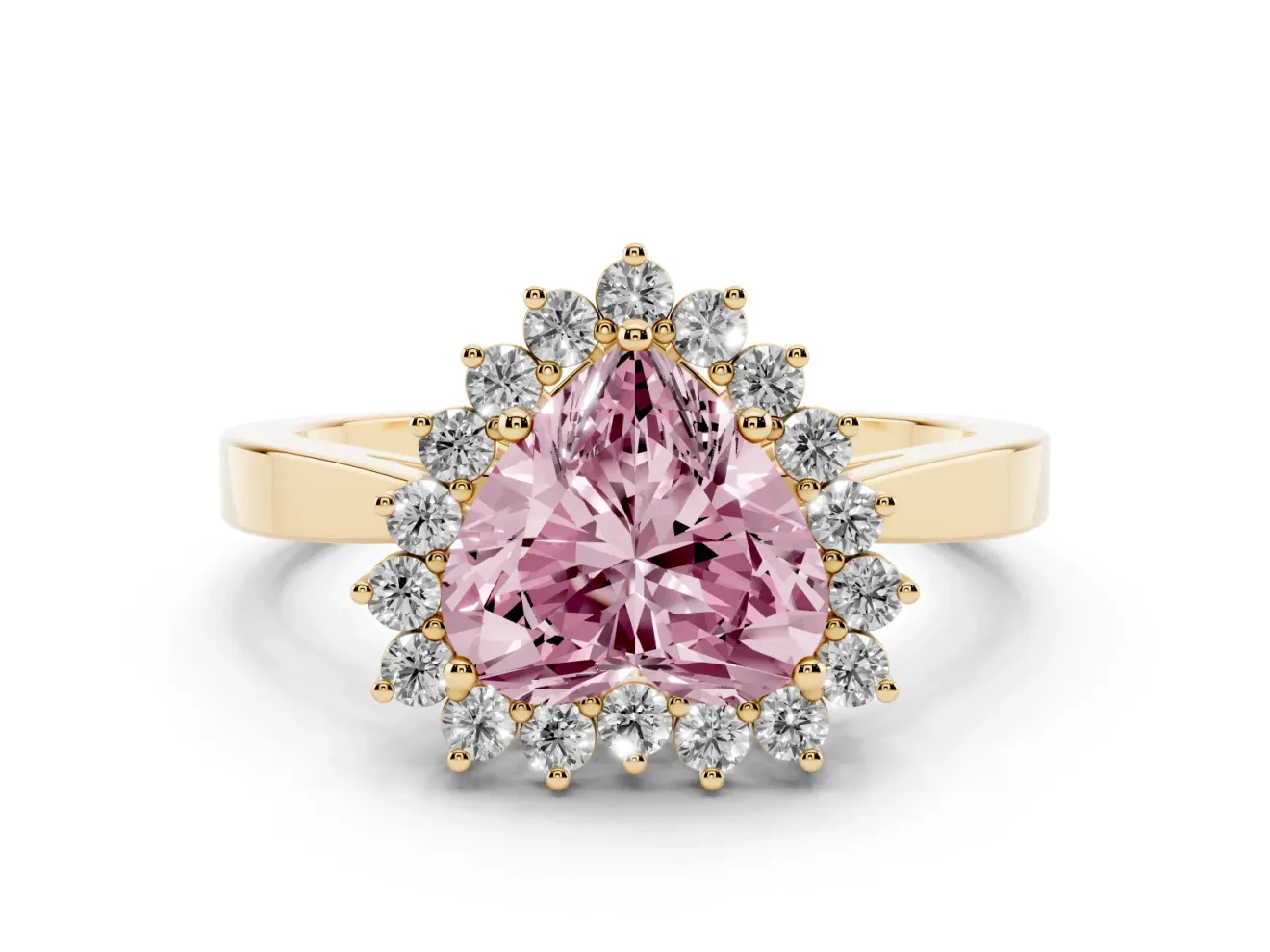 Fancy Pink Heart Cut Diamond Halo Ring Set in Yellow gold with Round Halo and Smooth Solitaire Band