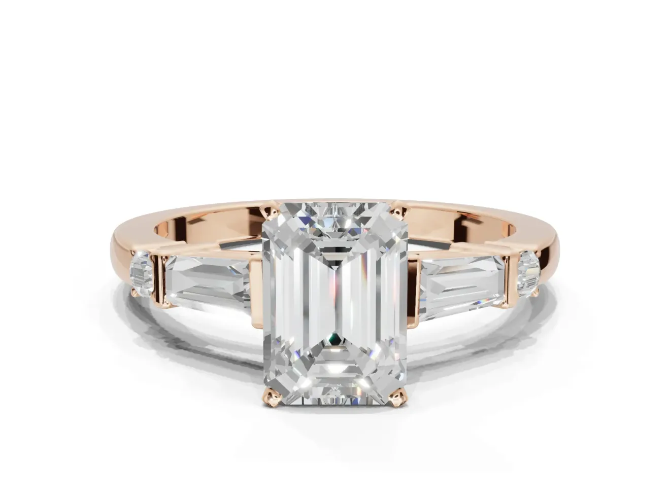 Emerald Cut Tapered Baguette Engagement Ring Setting | Bar Set Sides | Rose Gold
