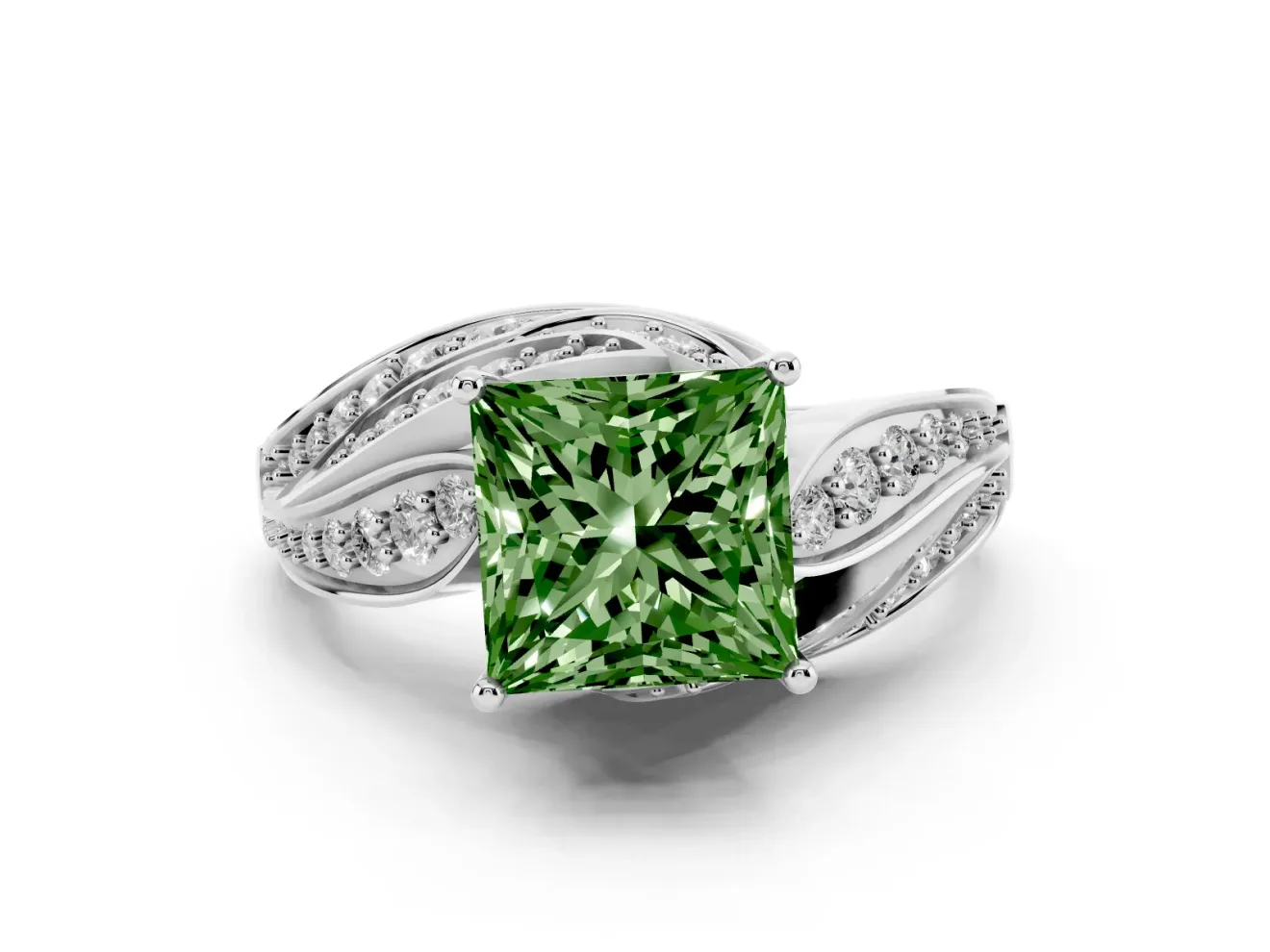 Fancy Green Princess Cut Diamond Solitaire Ring Set in White gold with Layered Twist Pavé Band