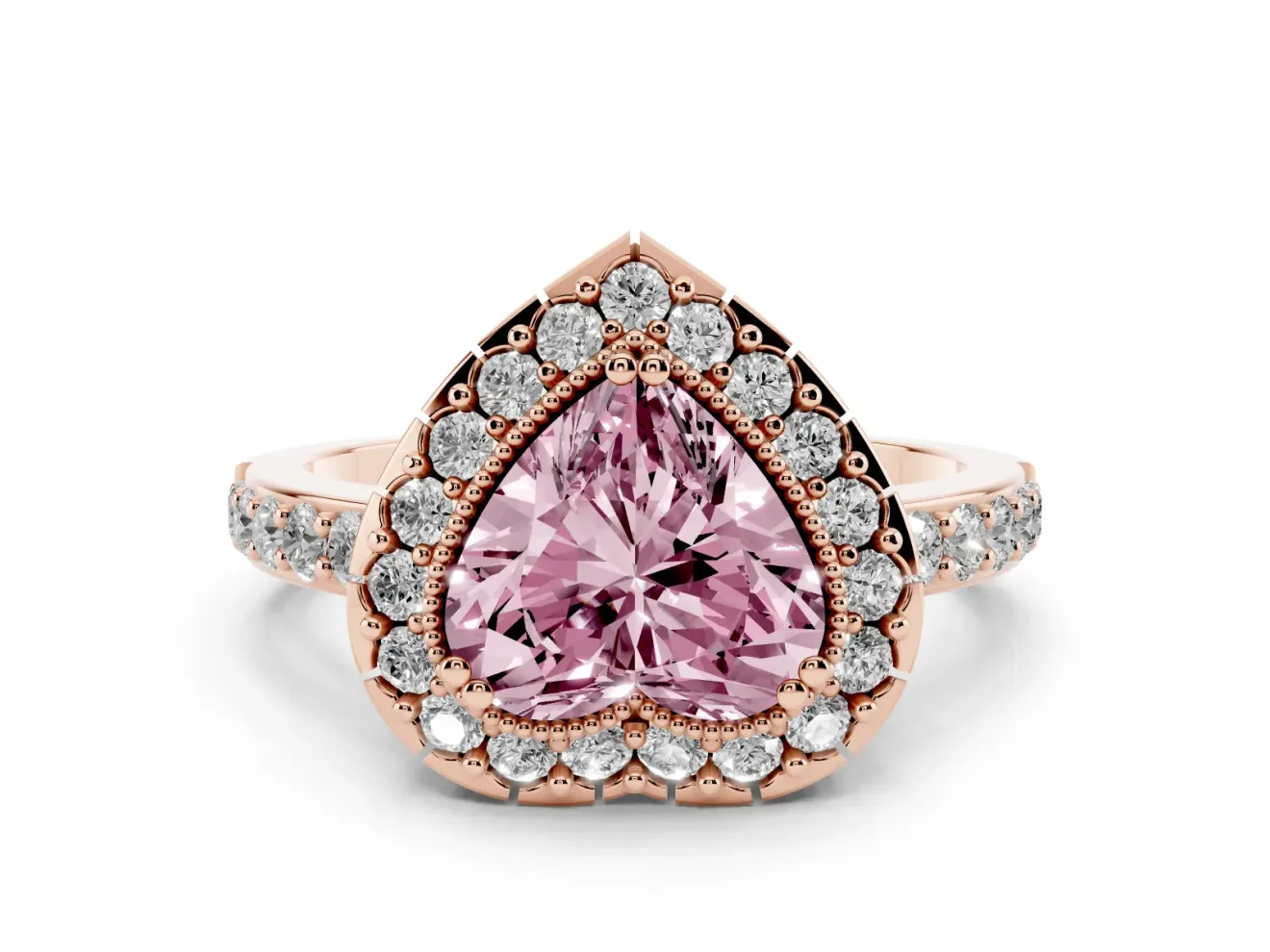 Heart-Shaped Milgrain Halo Engagement Ring Setting for a Fancy Pink Lab-Grown Diamond | Pavé Shoulders | Rose Gold