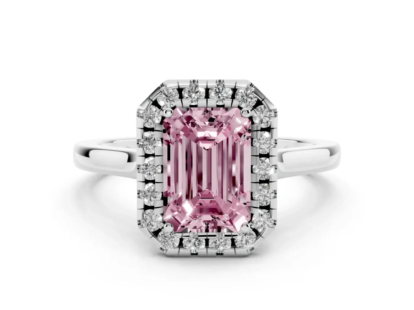 Emerald Cut Halo Engagement Ring Setting for a Fancy Pink Lab-Grown Diamond | Flat Tapered Band | Sterling Silver