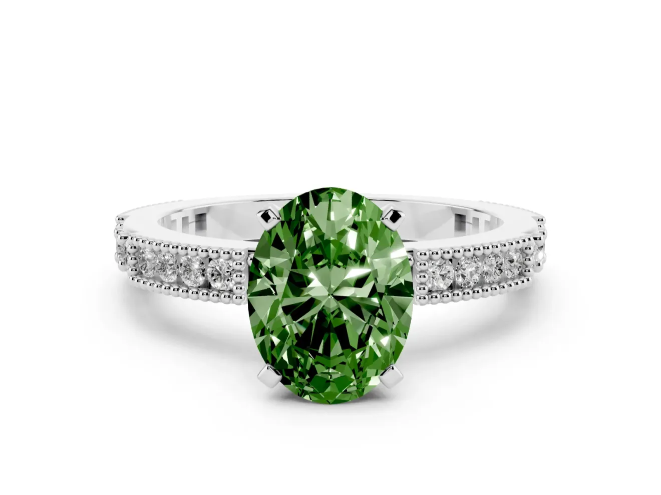 Fancy Green Oval Cut Diamond Solitaire Ring Set in White gold with Slim Pavé Band and Prong Setting