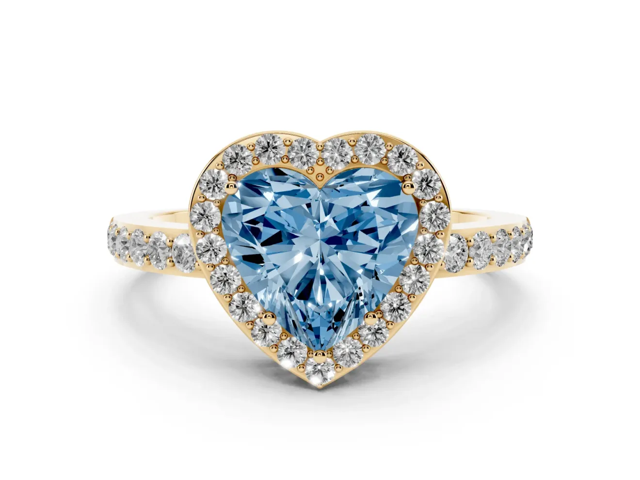 Fancy Blue Heart Cut Diamond Halo Ring Set in Yellow gold with Pavé-Setting Band and Open Prong Center