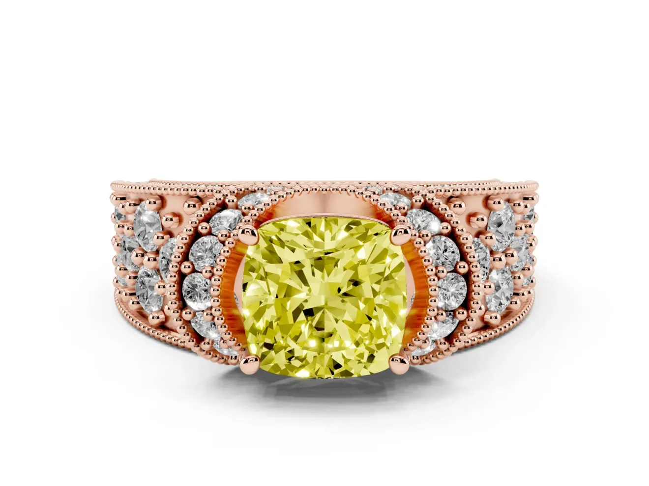 Cushion Cut Vintage Pave Engagement Ring Setting for a Fancy Yellow Lab-Grown Diamond | Milgrain Edges | Rose Gold