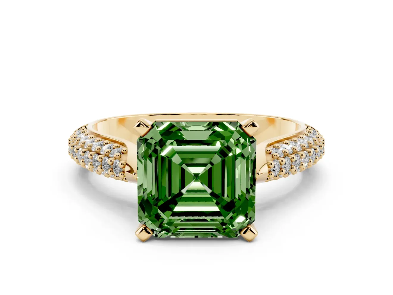 Asscher Cut Pavé Engagement Ring Setting for a Fancy Green Lab-Grown Diamond | Multi-Row Shoulders | Yellow Gold