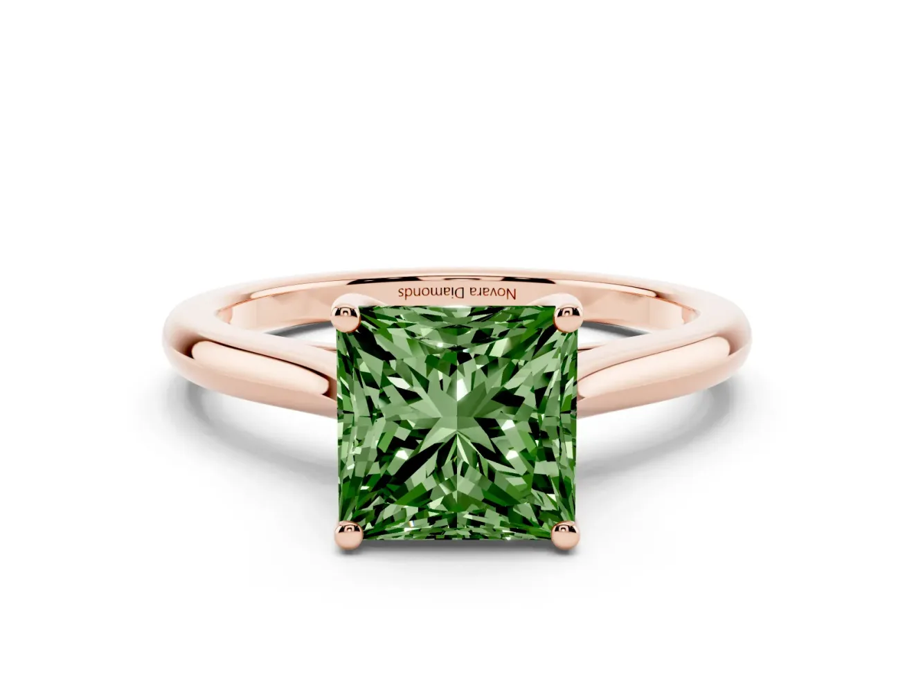 Fancy Green Princess Cut Diamond Solitaire Ring Set in Rose gold with Cathedral Band and Prong Setting