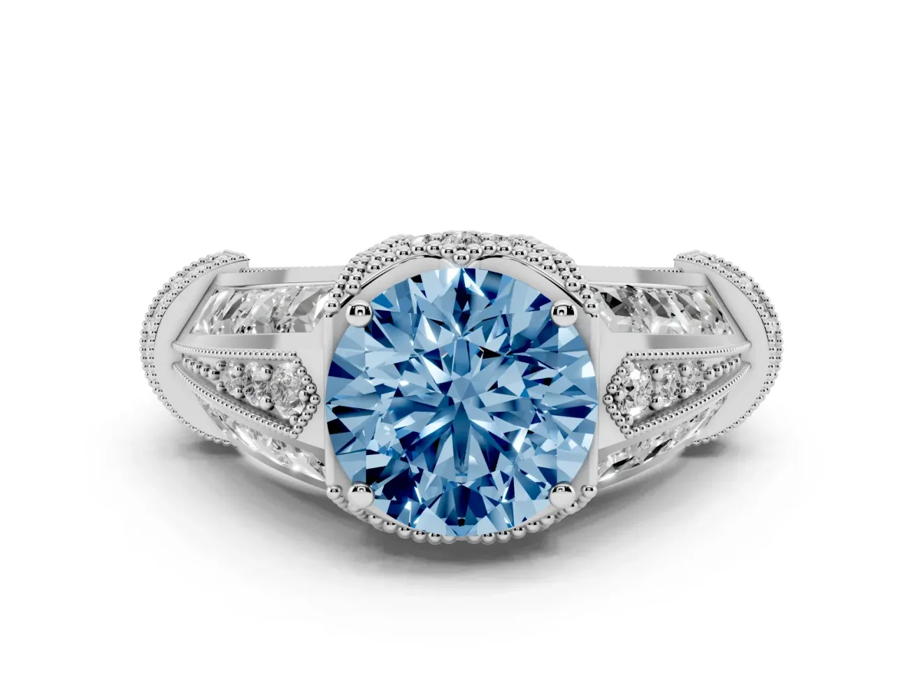 Fancy Blue Round Cut Diamond Vintage-Inspired Milgrain Ring Set in Platinum with Accent Split Shank