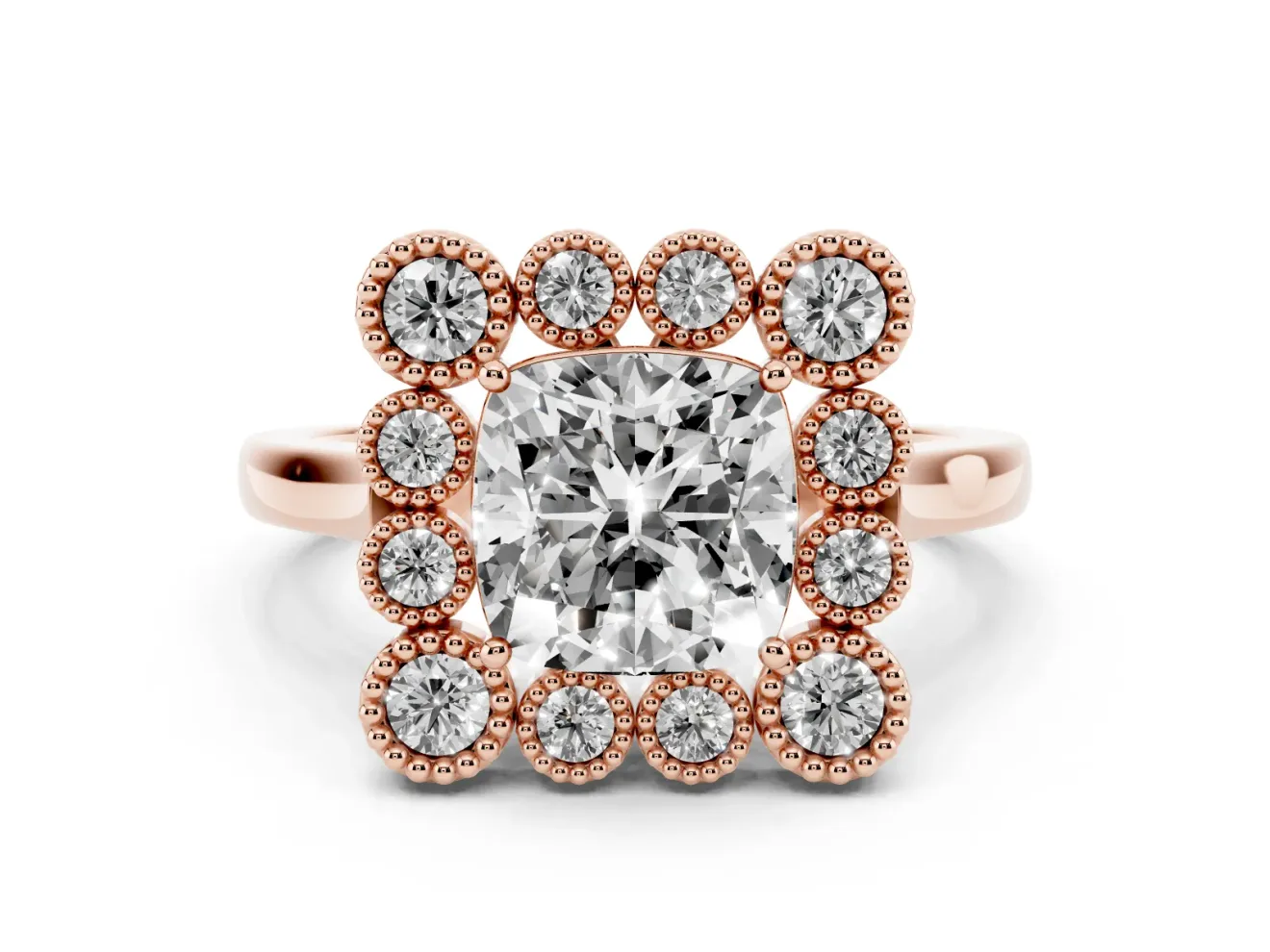 Cushion Cut Vintage Milgrain Bezel Cluster Halo Engagement Ring Setting | Plain Band | Rose Gold