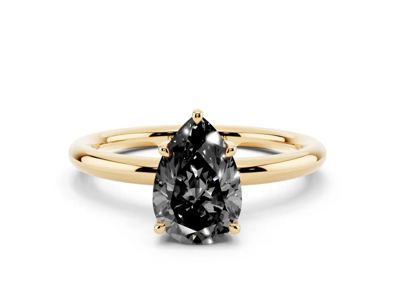 Fancy Black Pear Cut Diamond Solitaire Ring Set in Yellow gold with Thin Band and Prong Setting