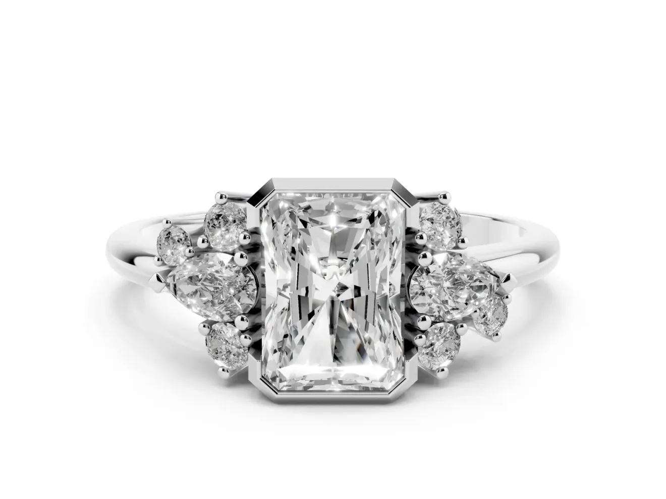 Radiant Cut Pear Side Stone Cluster Engagement Ring Setting | Bezel Frame | White Gold