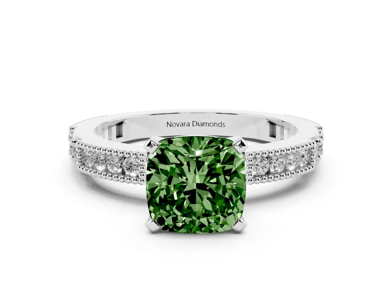 Fancy Green Cushion Cut Diamond Solitaire Ring Set in White gold with Slim Pavé Band and Prong Setting