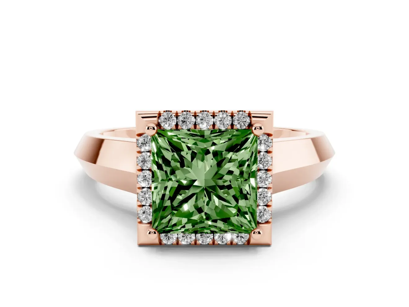 Fancy Green Princess Cut Diamond Halo Ring Set in Rose gold with Cathedral Band and Prong Setting