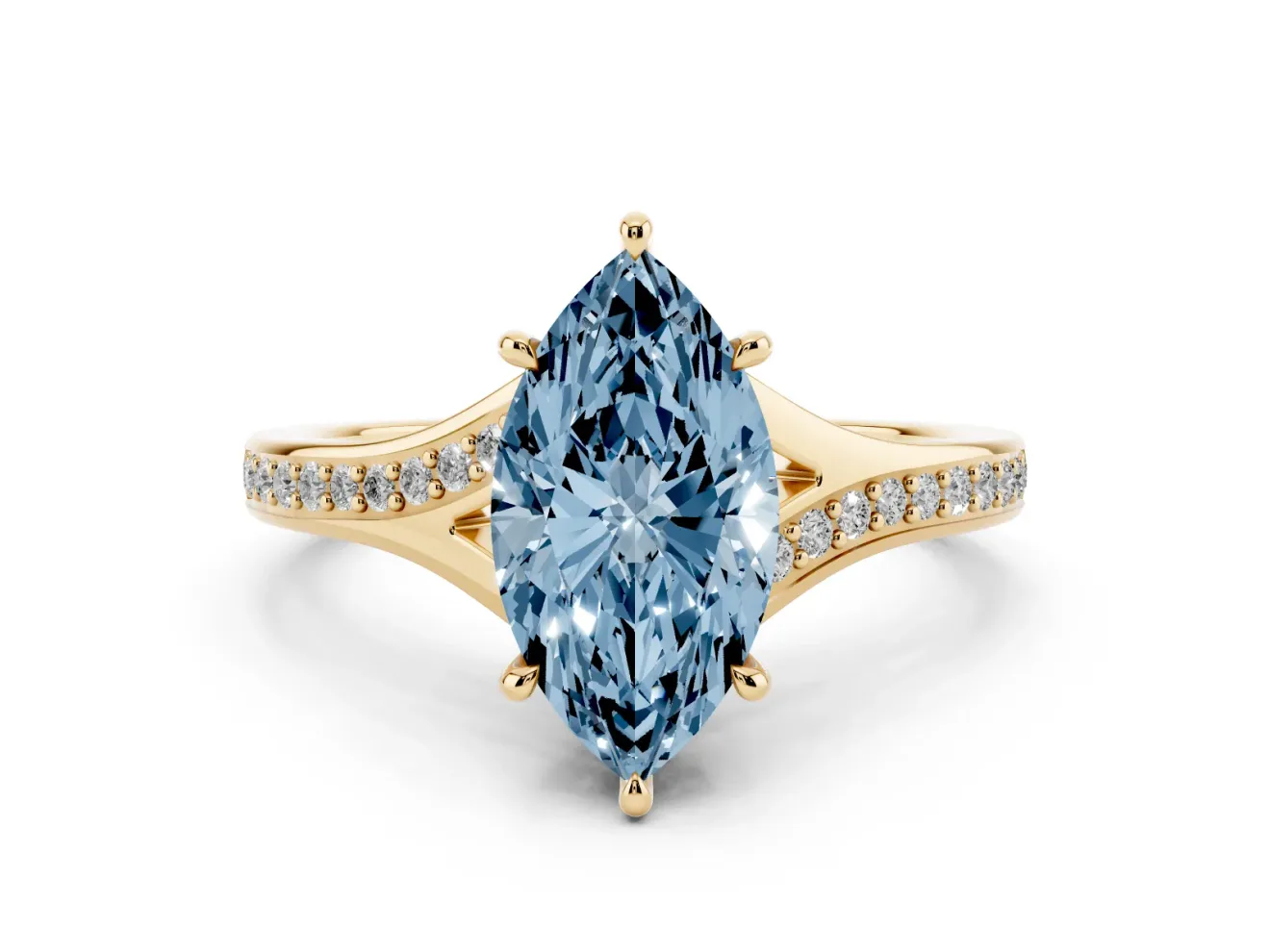 Marquise Pave Solitaire Engagement Ring Setting for a Fancy Blue Lab-Grown Diamond | Sweeping Shoulders | Yellow Gold