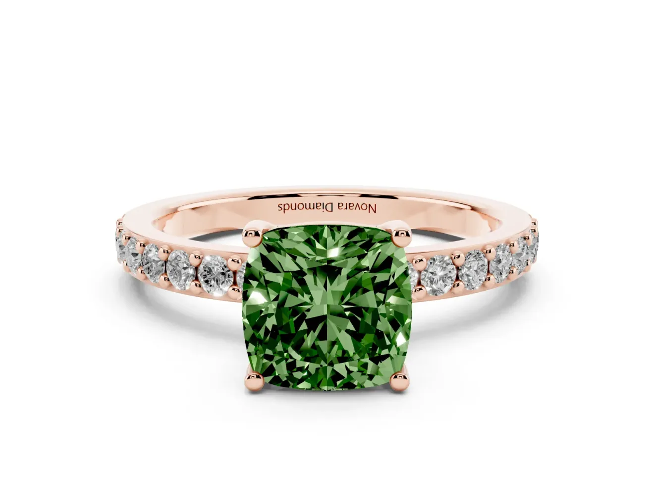 Fancy Green Cushion Cut Diamond Solitaire Set in Rose gold with Round Pavé Band and Prong Setting