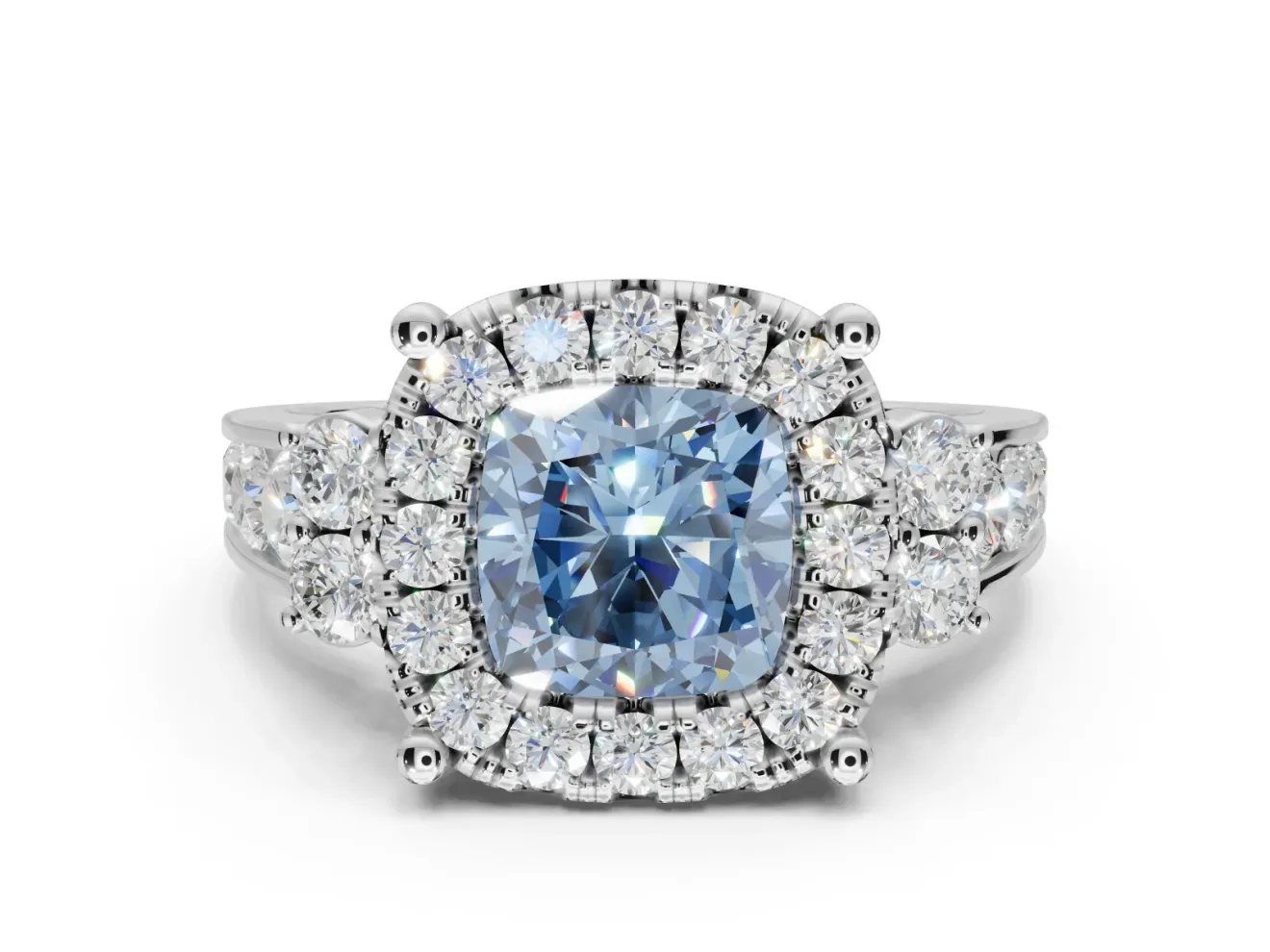 Cushion Cut Halo Engagement Ring Setting for a Fancy Blue Lab-Grown Diamond | Graduated Channel Band | White Gold