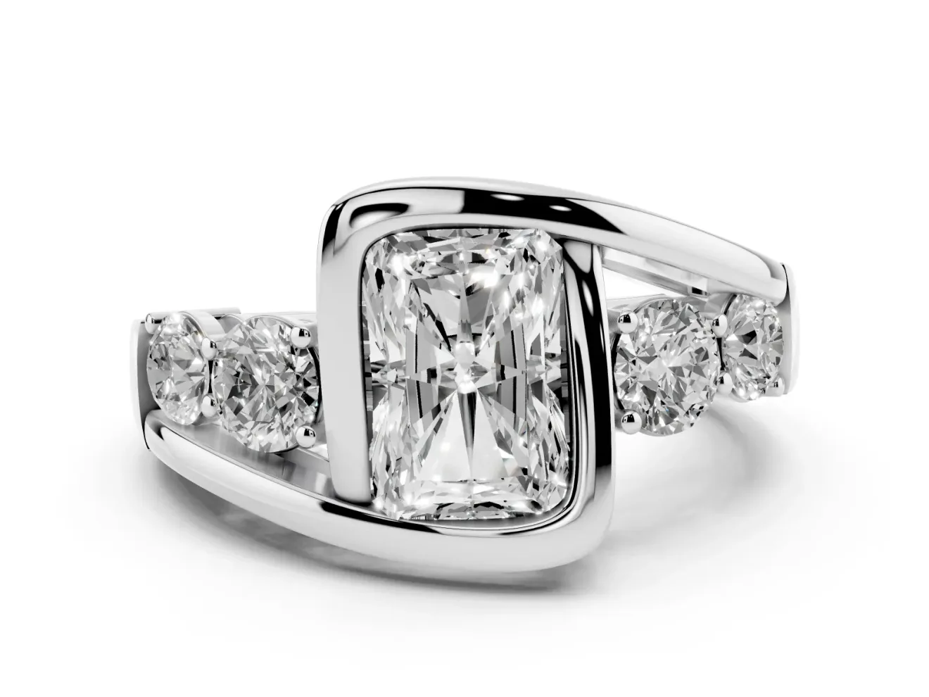 Radiant Cut Bezel Bypass Engagement Ring Setting | Round Side Stones | Platinum