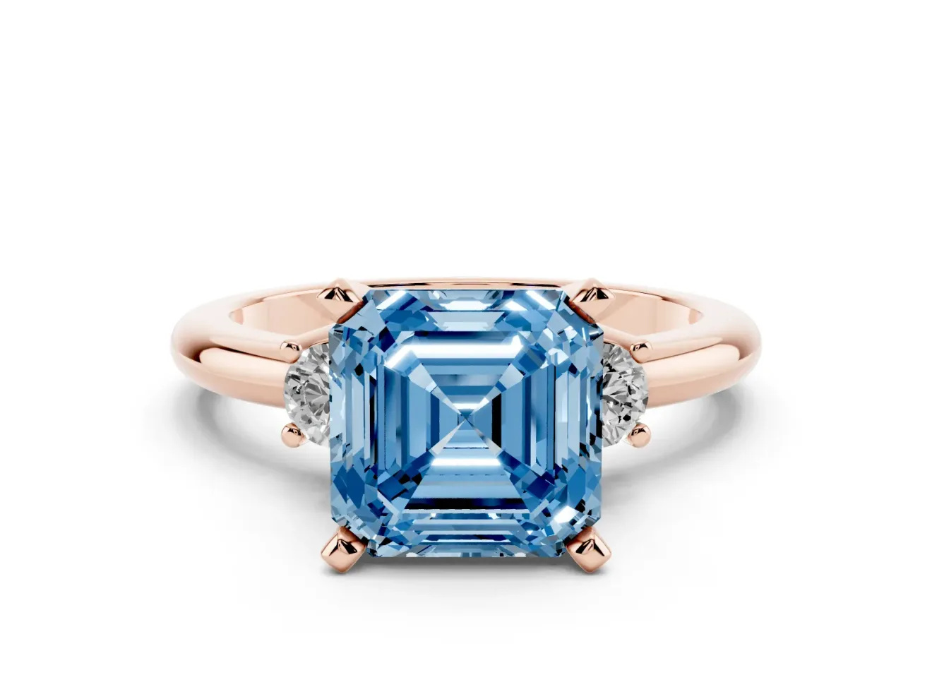 Fancy Blue Three-Stone Asscher Cut Diamond Ring Set in Rose gold with Prong Setting and Plain Band