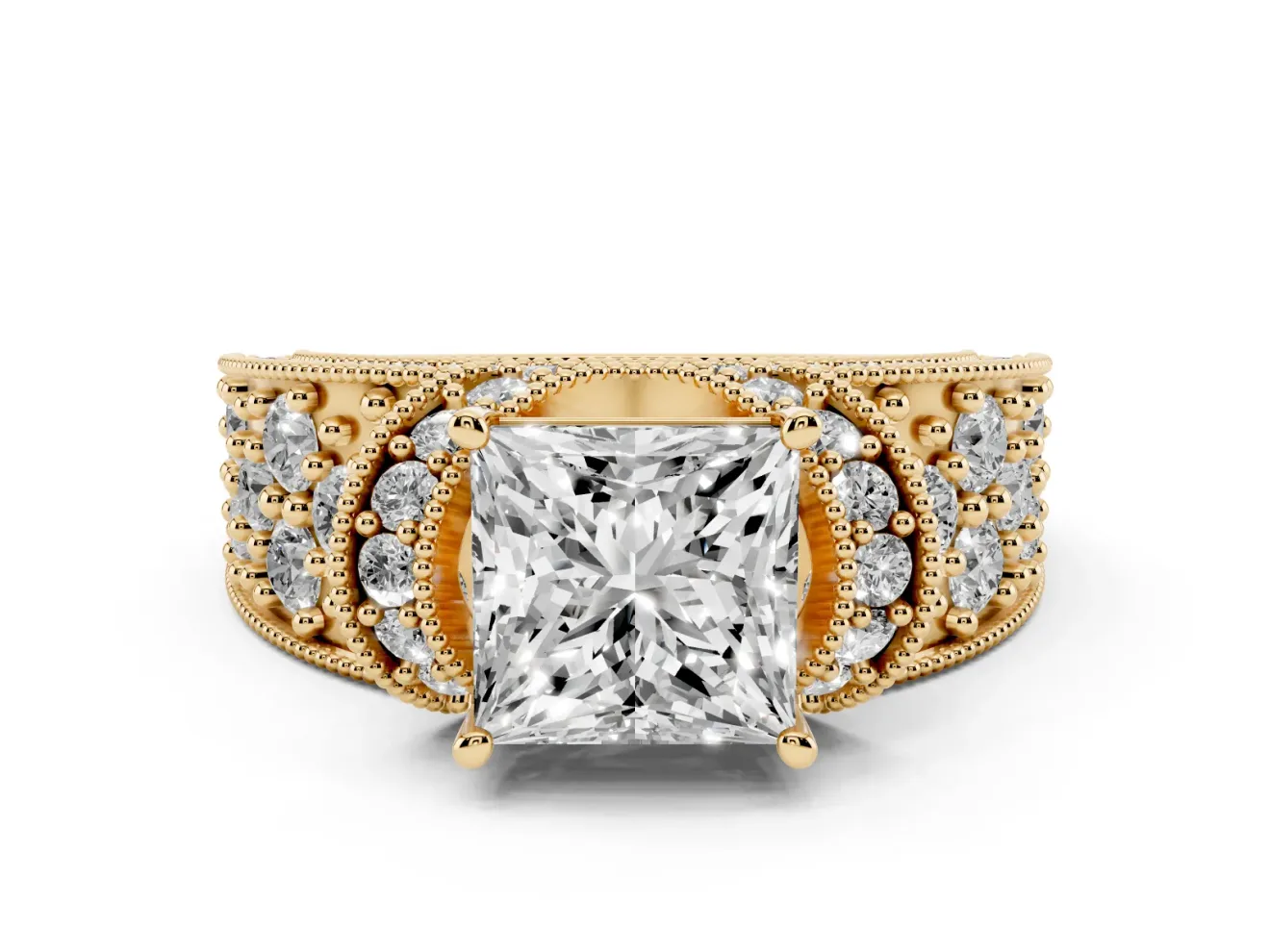 Princess Cut Vintage Milgrain Pave Engagement Ring Setting | Crescent Side Rows | Yellow Gold