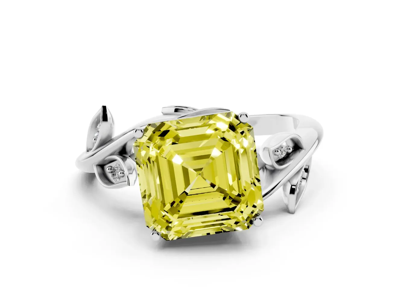 Asscher Cut Twisted Bypass Engagement Ring Setting for a Fancy Yellow Lab-Grown Diamond | Leaf Vine | Sterling Silver