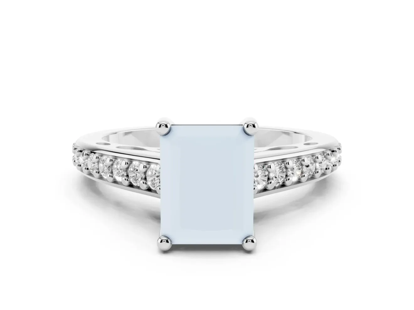 Radiant Cut Graduated Pave Cathedral Engagement Ring Setting | Scroll Cut-Outs | Sterling Silver