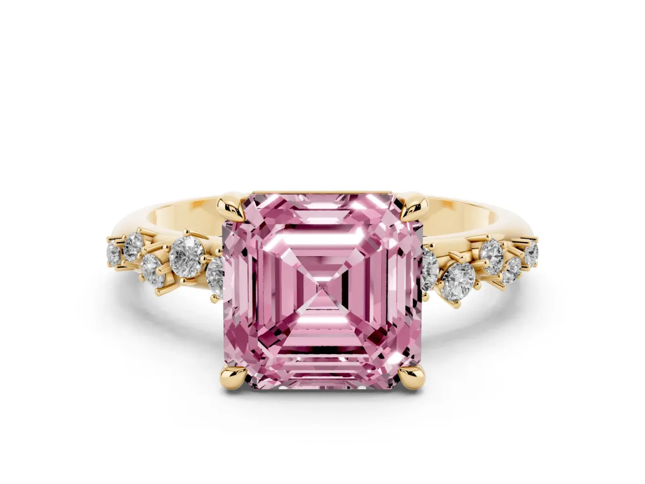 Fancy Pink Asscher Cut Diamond Solitaire Vine Band Ring Set in Yellow gold with Round Accents and Prong Setting