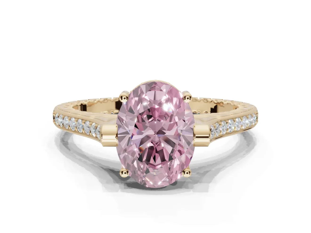 Oval Vintage Cathedral Engagement Ring Setting for a Fancy Pink Lab-Grown Diamond | Carved Band | Yellow Gold