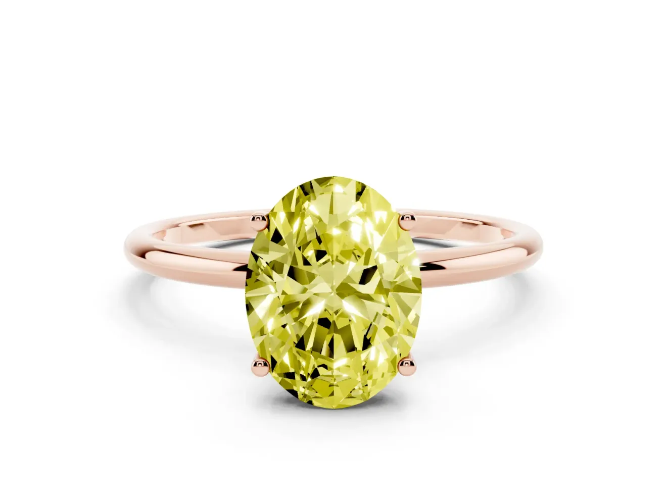 Fancy Yellow Oval Cut Diamond Solitaire Engagement Ring Set in Rose gold with Thin Band and Prong Setting