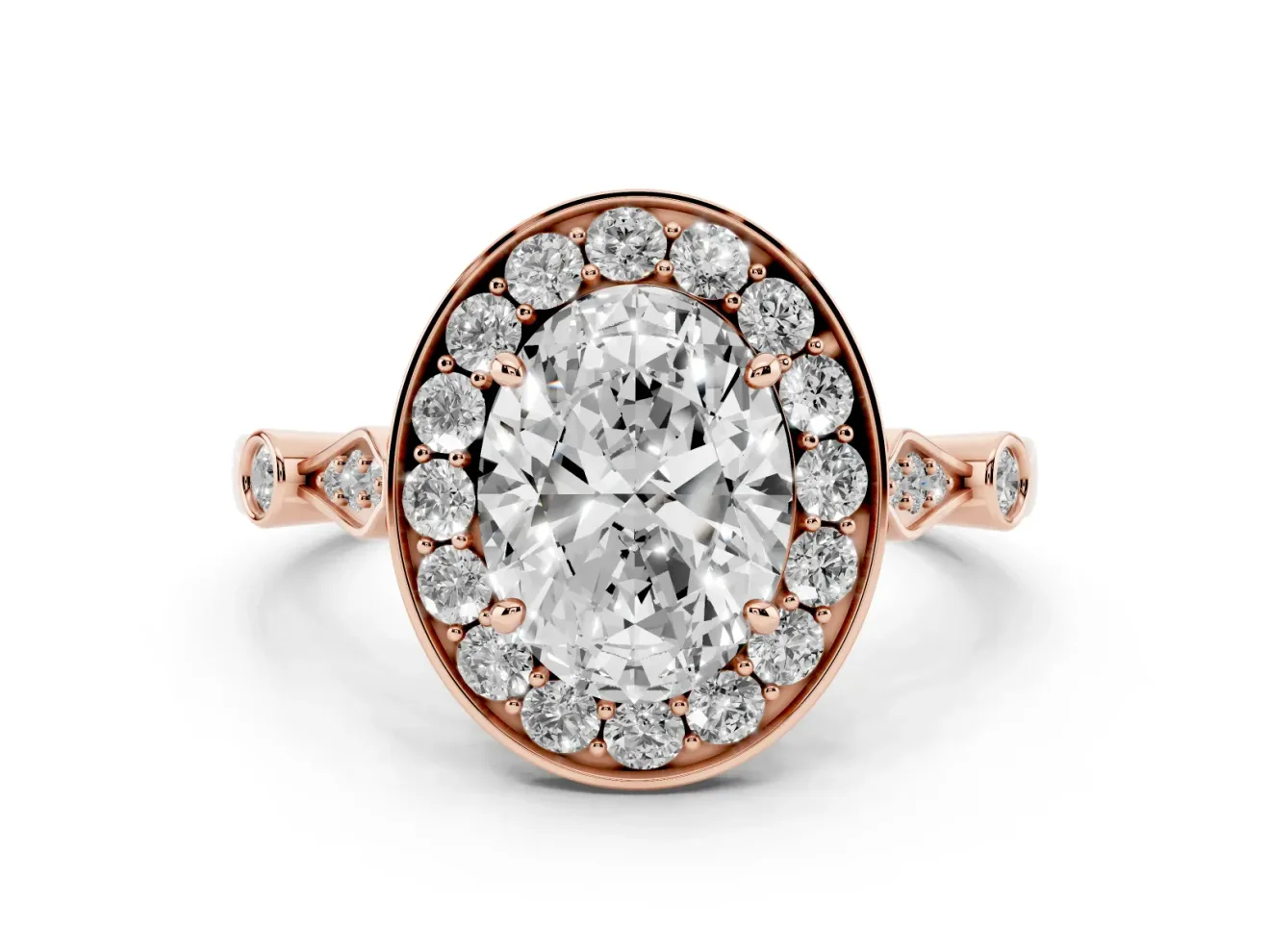 Oval Vintage Halo Engagement Ring Setting | Bezel Station Shoulders | Rose Gold