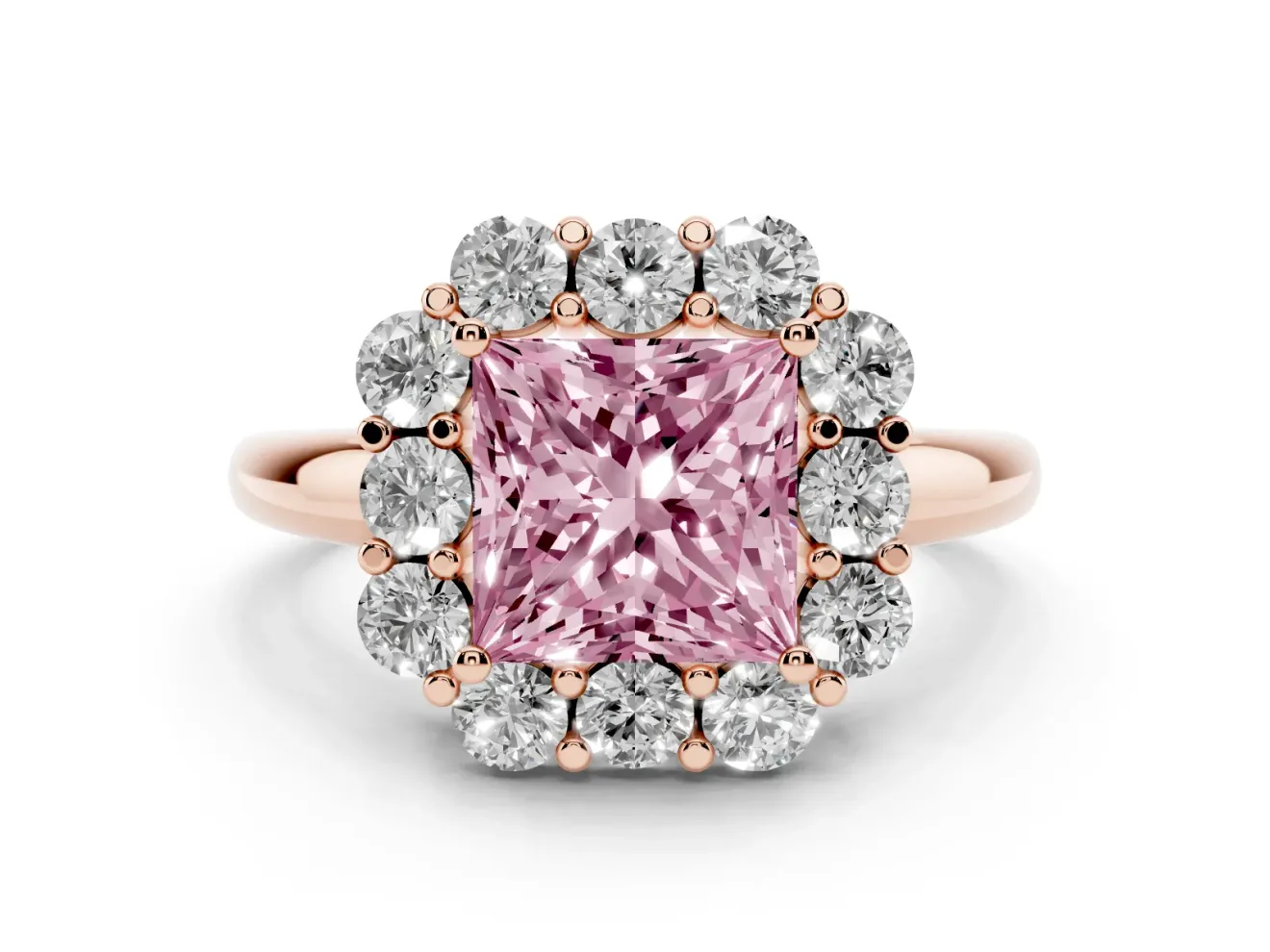 Princess Cut Graduated Milgrain Halo Engagement Ring Setting for a Fancy Pink Lab-Grown Diamond | Rose Gold