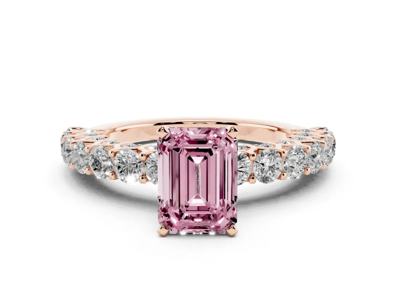Emerald Cut Shared Prong Engagement Ring Setting for a Fancy Pink Lab-Grown Diamond | Rose Gold