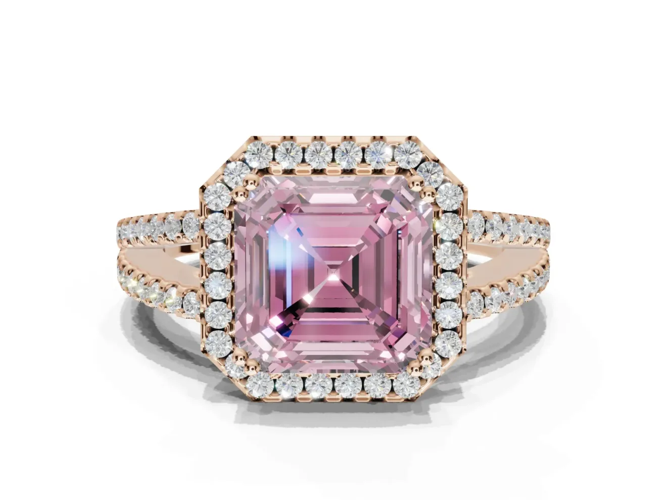 Asscher Cut Halo Split Shank Engagement Ring Setting for a Fancy Pink Lab-Grown Diamond | Pavé Shoulders | Rose Gold