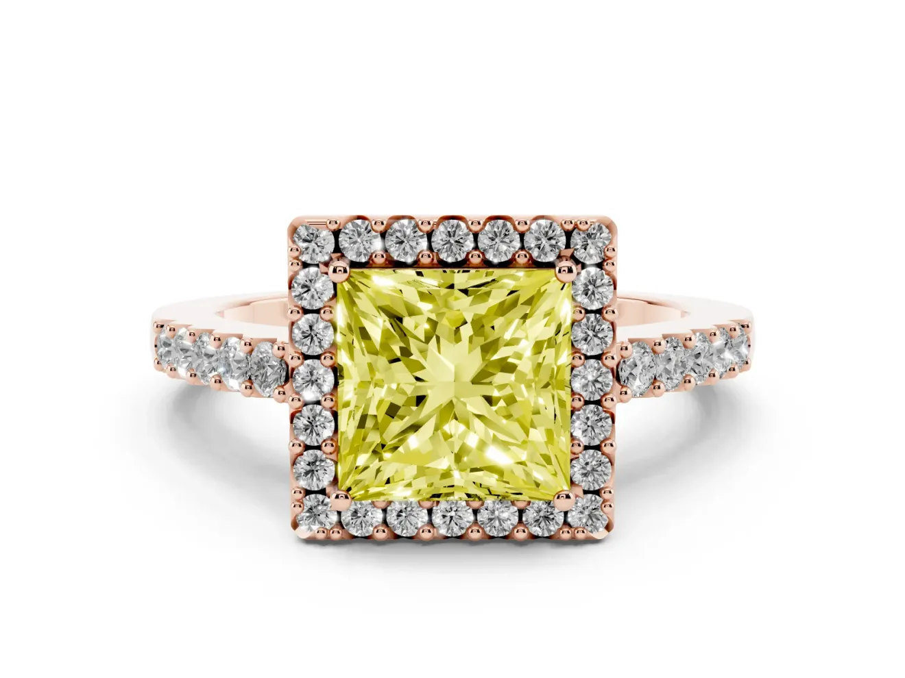 Fancy Yellow Princess Cut Diamond Halo Pavé Solitaire Ring Set in Rose gold with Prong-Set Center Stone
