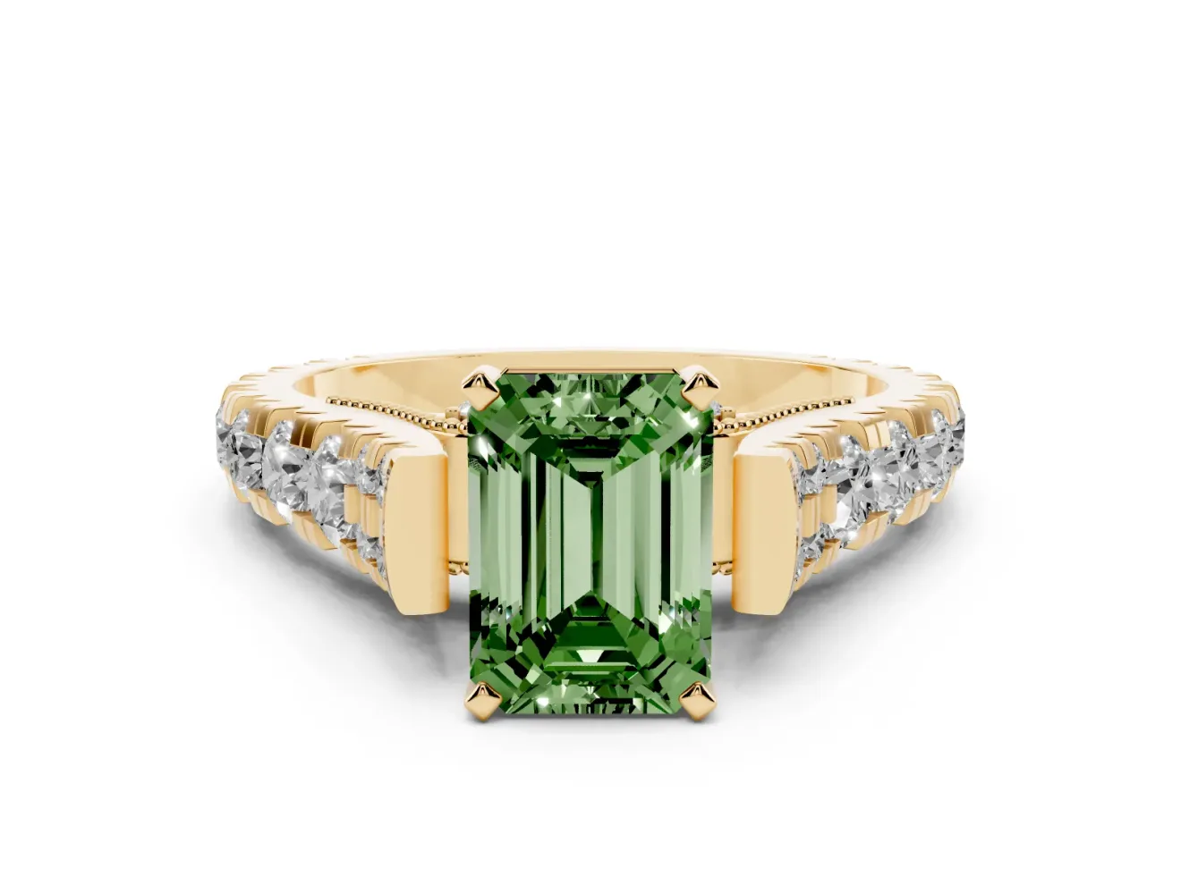 Fancy Green Emerald Cut Diamond Classic Solitaire Ring Set in Yellow gold with Pavé Band and Prong Setting