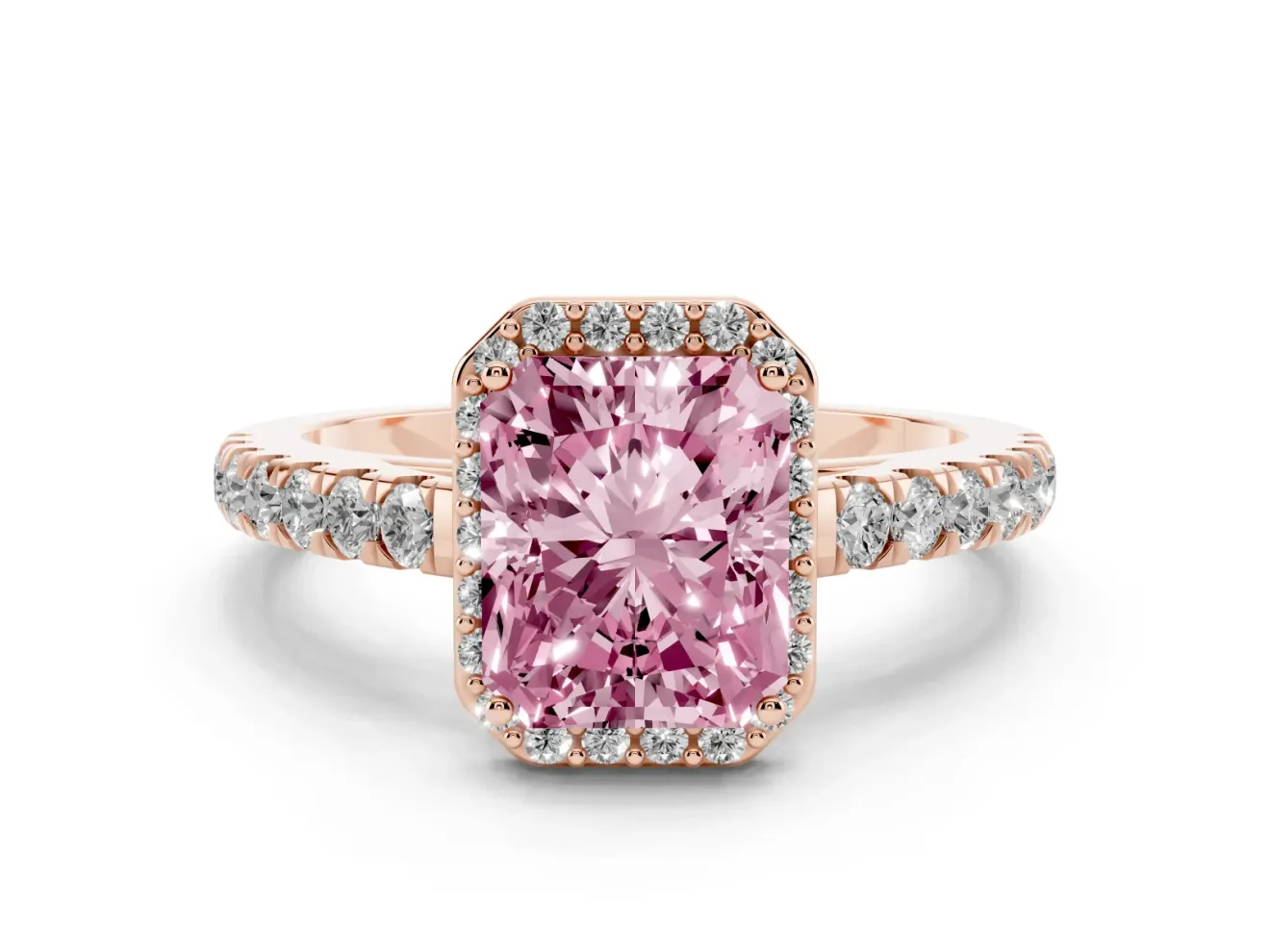Fancy Pink Radiant Cut Diamond Halo Engagement Ring Set in Rose gold with Pavé Band and Prong Setting