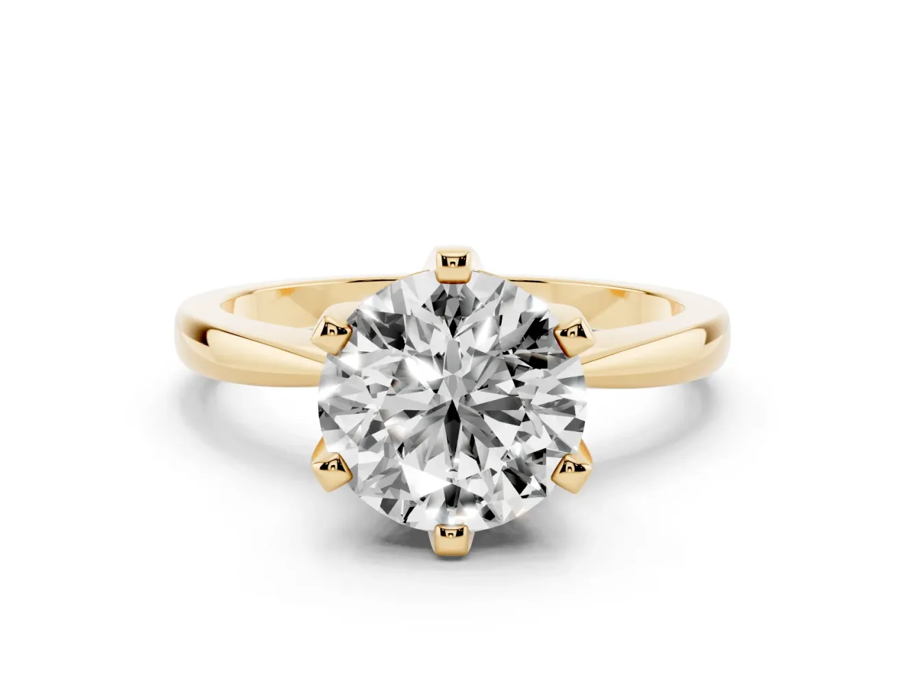 Round Cut Diamond Solitaire Engagement Ring Set in Yellow gold with Slim Tapered Solitaire Band