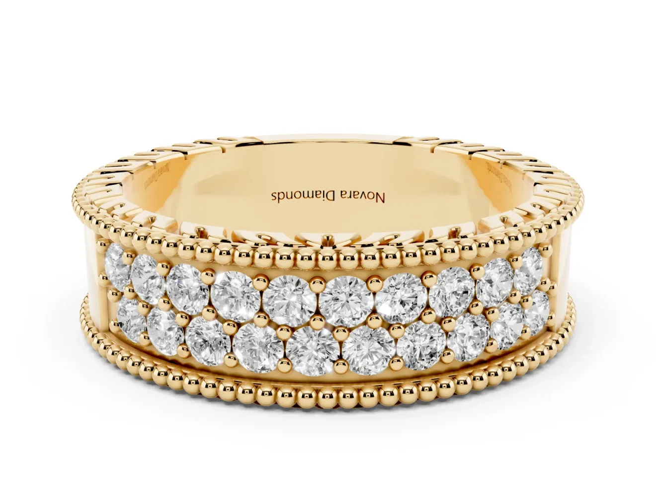 Round Lab-Grown Diamond Wide Double Row Pavé Wedding Band | Notched Side Walls | Yellow Gold