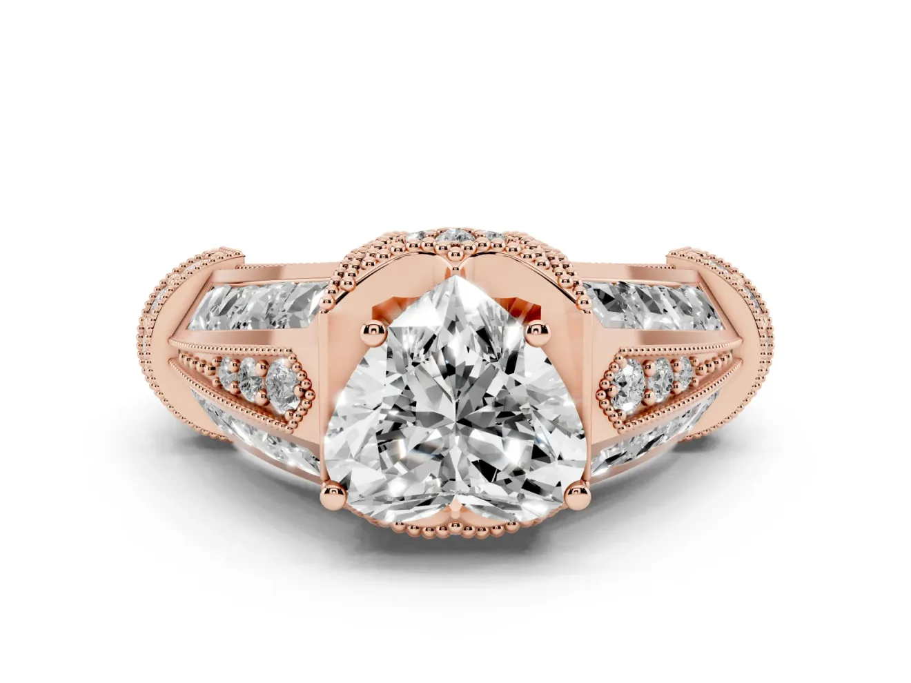 Heart Cut Diamond Vintage-Inspired Milgrain Ring Set in Rose gold with Accent Split Shank