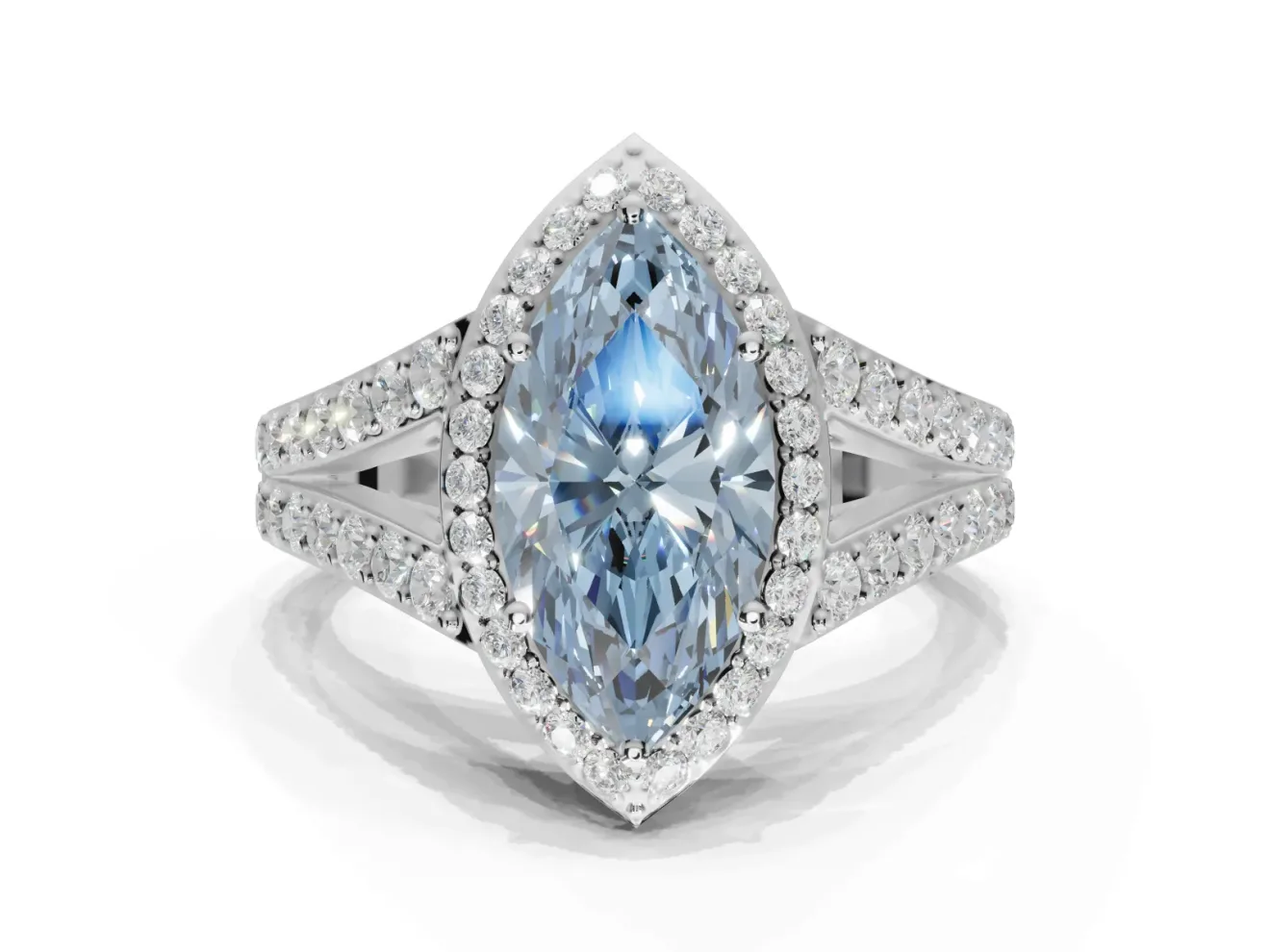 Marquise Halo Pavé Engagement Ring Setting for a Fancy Blue Lab-Grown Diamond | Narrow Split Shank | Platinum