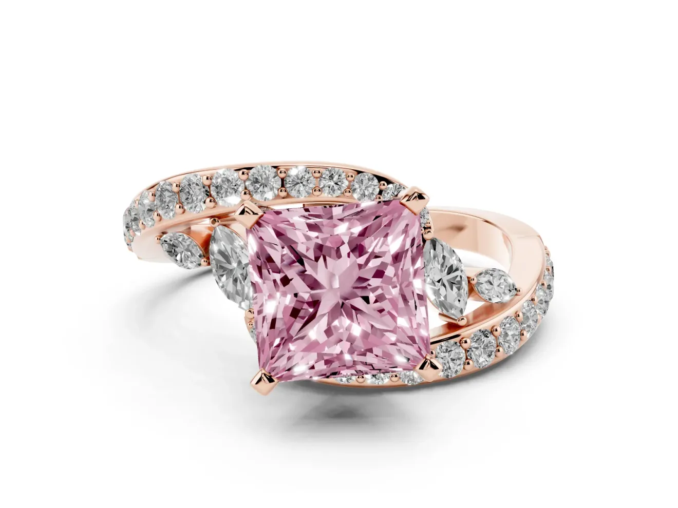 Fancy Pink Princess Cut Diamond Solitaire Ring Set in Rose gold with Pavé Twist Band and Secure Prong Setting