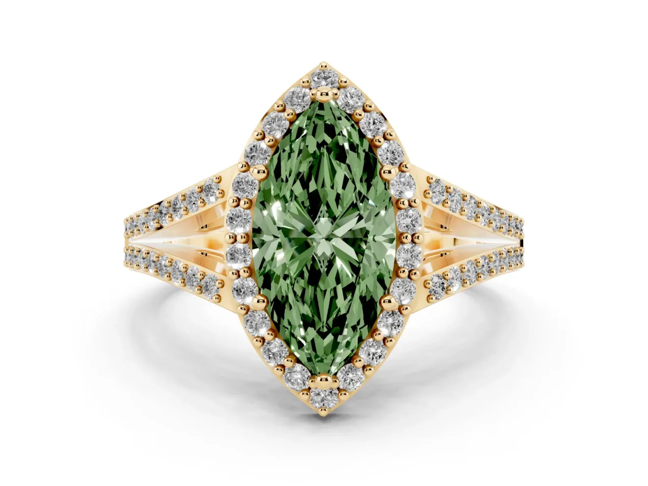 Marquise Split Shank Halo Engagement Ring Setting for a Fancy Green Lab-Grown Diamond | Yellow Gold