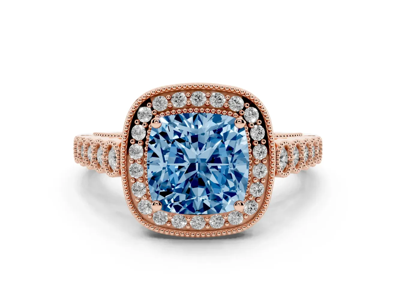 Cushion Cut Graduated Milgrain Halo Engagement Ring Setting for a Fancy Blue Lab-Grown Diamond | Rose Gold