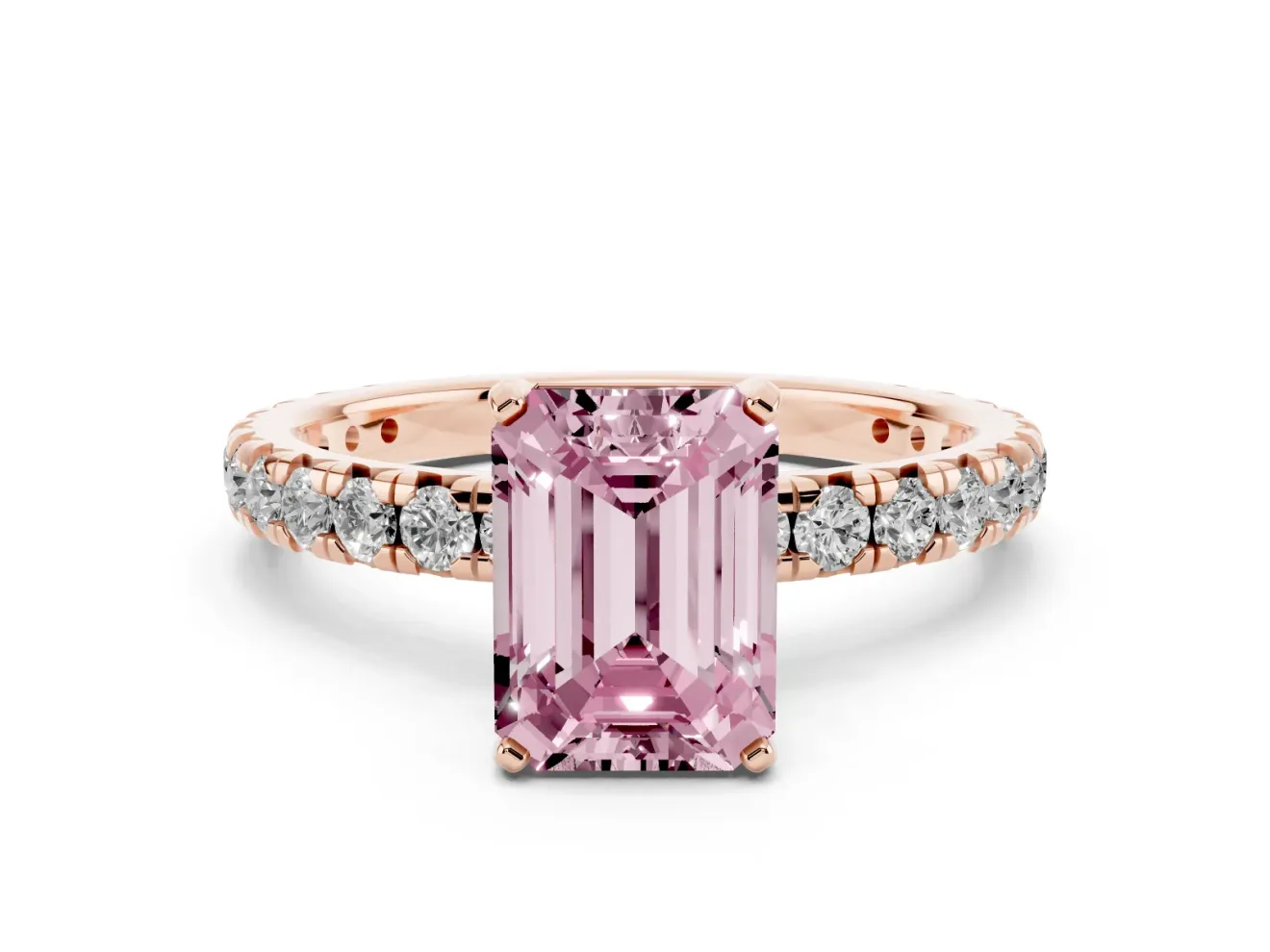 Fancy Pink Emerald Cut Diamond Pavé Solitaire Ring Set in Rose gold with Round Band and Prong Setting