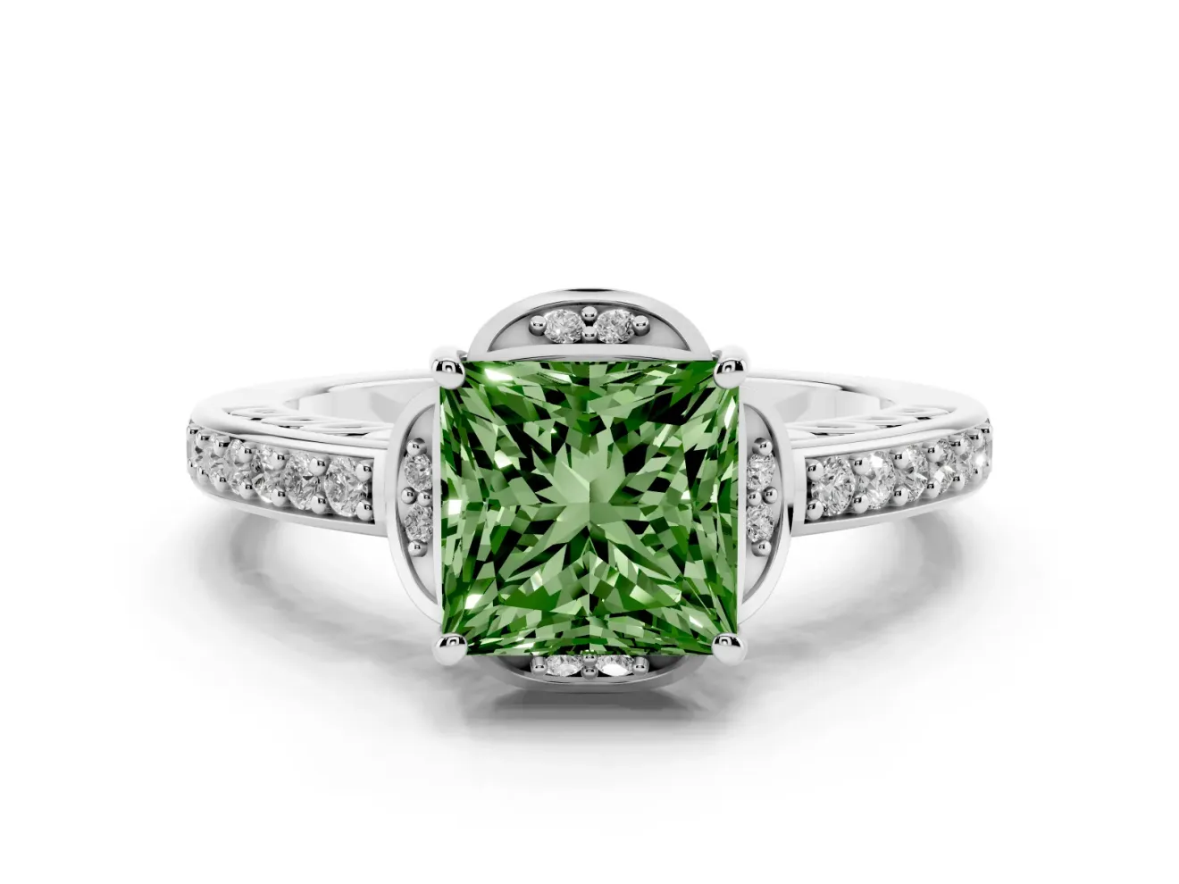 Princess Cut Floral Pavé Engagement Ring Setting for a Fancy Green Lab-Grown Diamond | Petal Accents | Sterling Silver