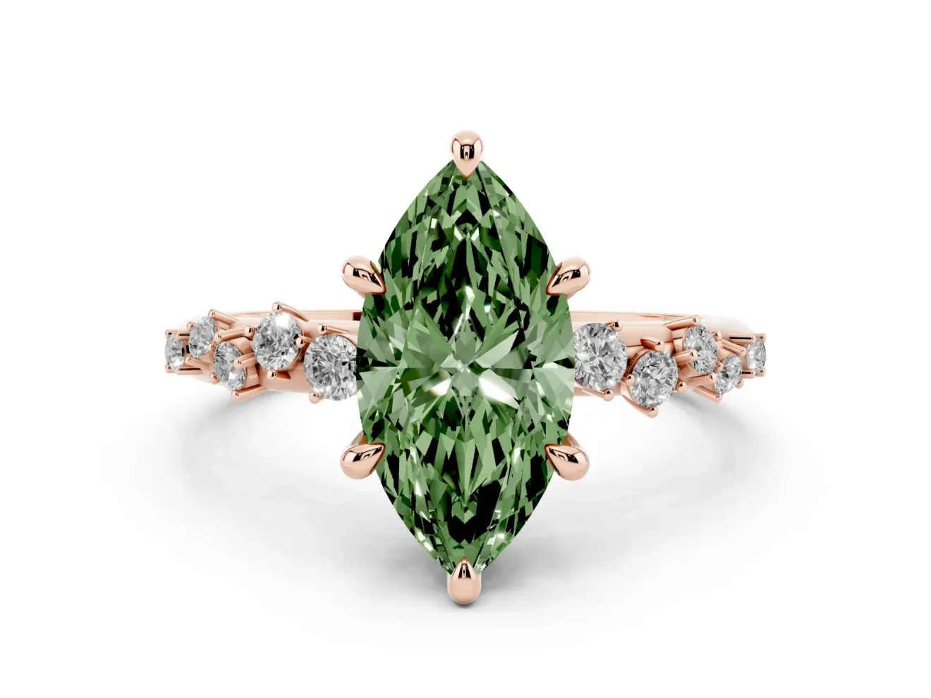 Fancy Green Marquise Cut Diamond Solitaire Vine Band Ring Set in Rose gold with Round Accents and Prong Setting