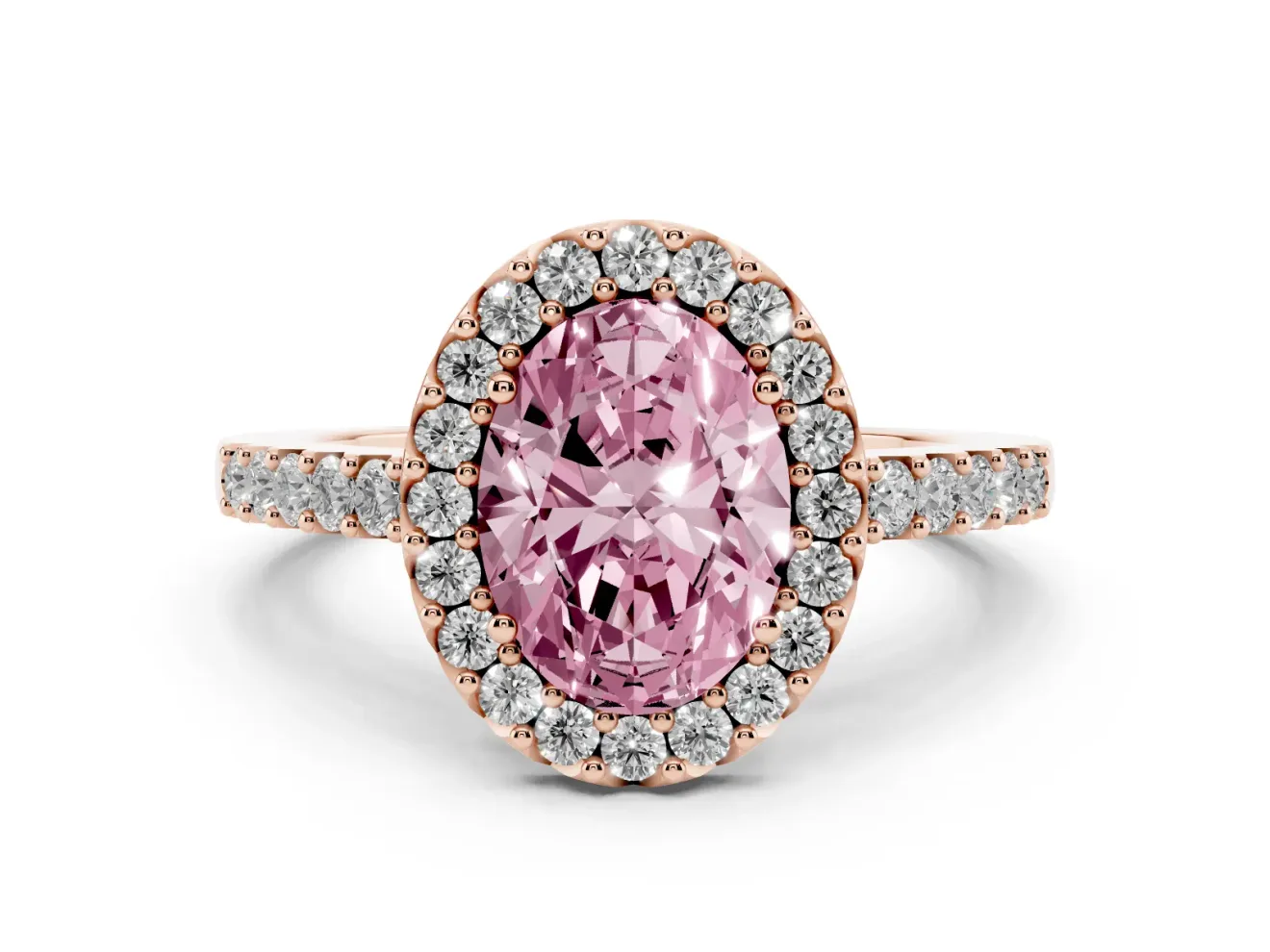 Fancy Pink Oval Cut Diamond Halo Pavé Solitaire Ring Set in Rose gold with Prong-Set Center Stone