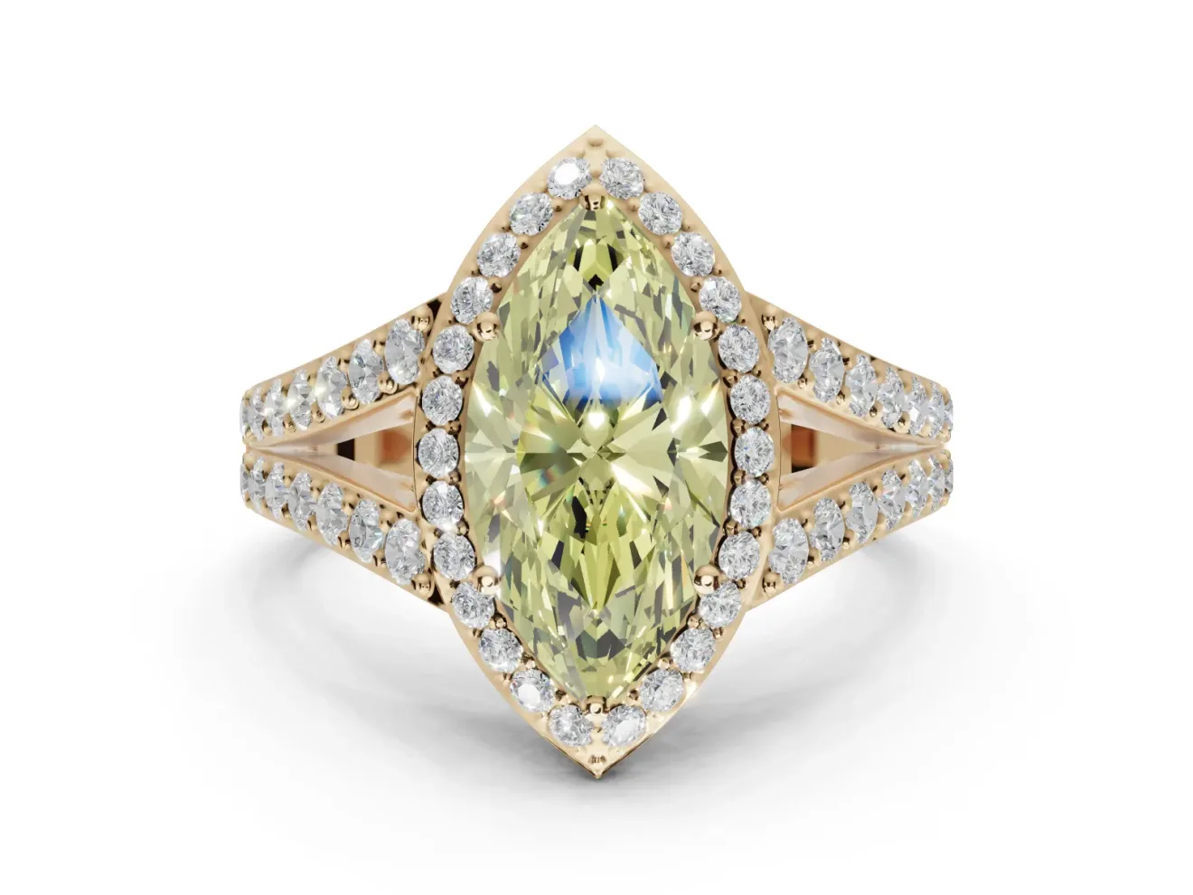 Marquise Halo Pavé Engagement Ring Setting for a Fancy Yellow Lab-Grown Diamond | Narrow Split Shank | Yellow Gold