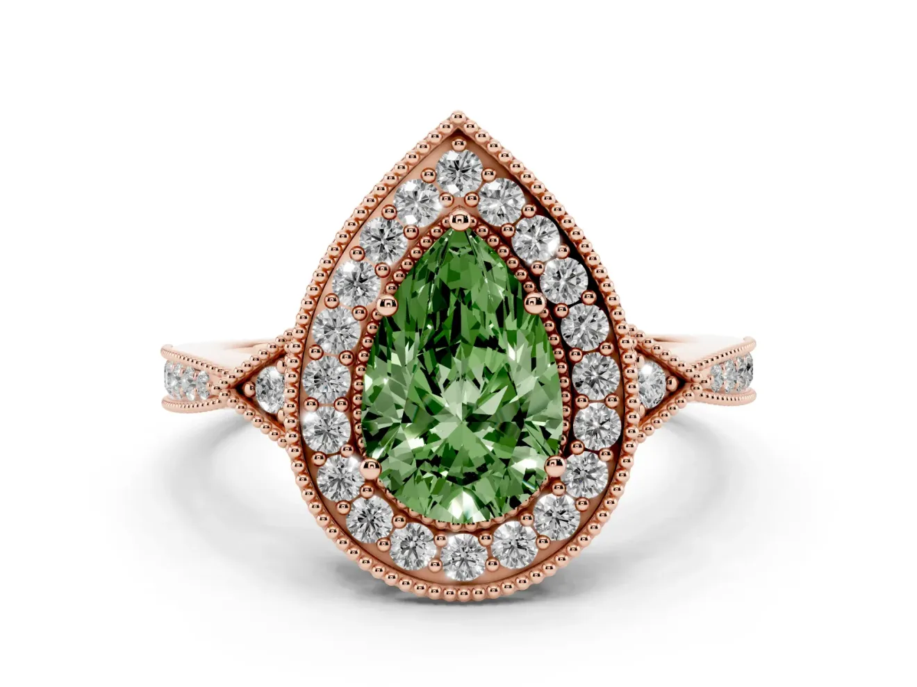 Fancy Green Pear Cut Diamond Halo Engagement Ring Set in Rose gold with Milgrain Pavé Band