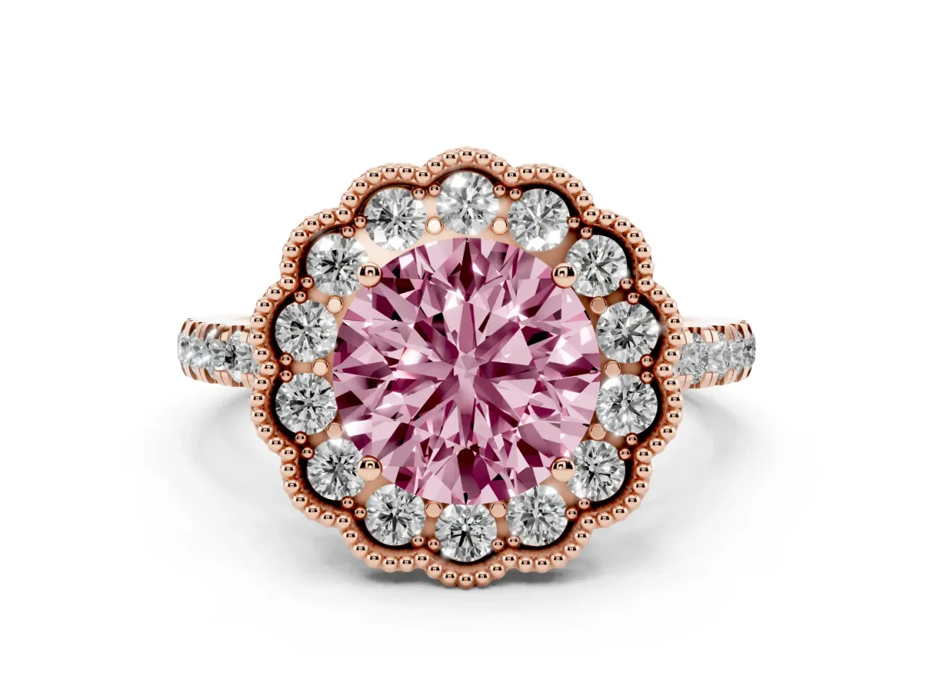 Round Vintage Milgrain Floral Halo Engagement Ring Setting for a Fancy Pink Lab-Grown Diamond | Pavé Band | Rose Gold