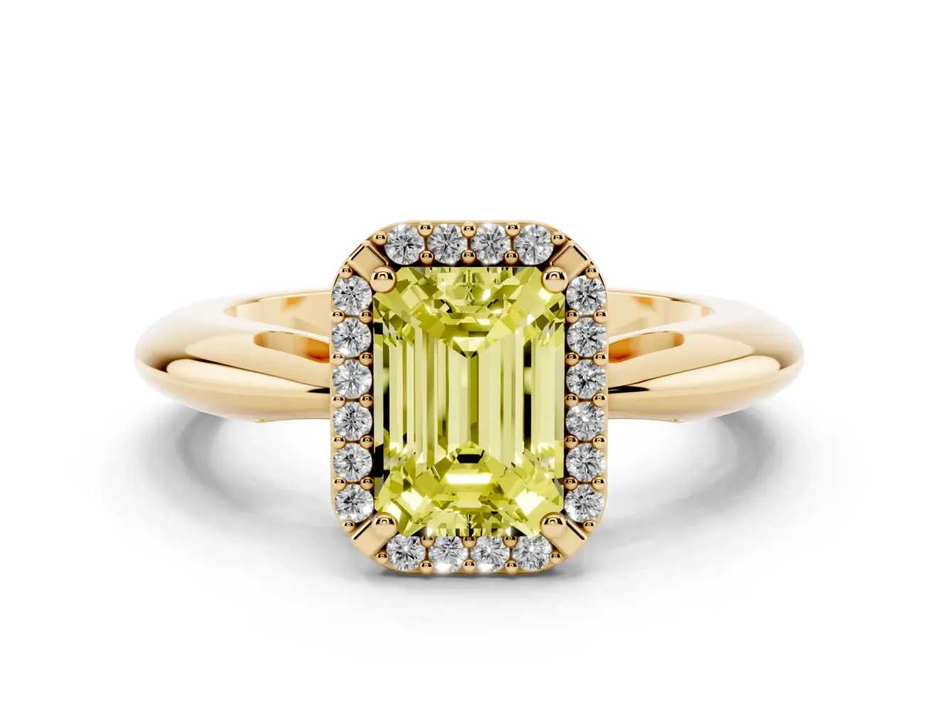 Fancy Yellow Emerald Cut Diamond Halo Engagement Ring Set in Yellow gold with Plain Split Shank and Prong Setting